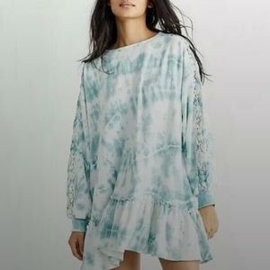 Free People Aurora Sweatshirt Shirtdress Turquoise Tie Dye Lace Ruffle Sz Small